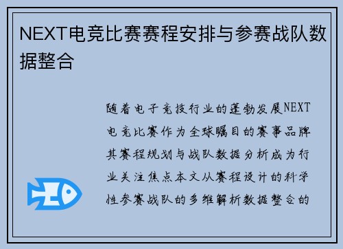 NEXT电竞比赛赛程安排与参赛战队数据整合